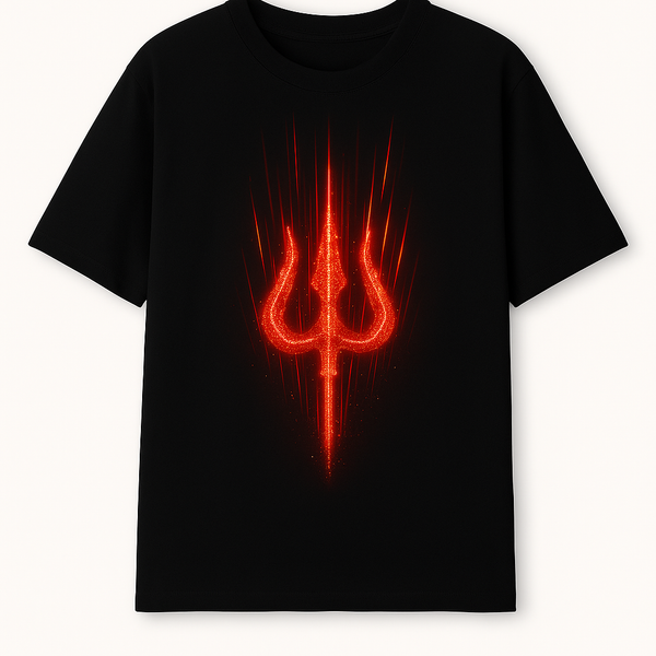 Ignite Trishul T-Shirt – Glowing Divine Power in Red Flame