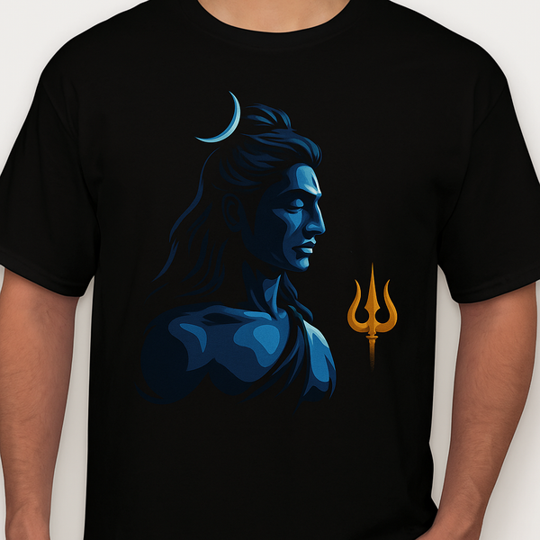 Divine Focus Shiva T-Shirt – Blue Silhouette with Golden Trishul